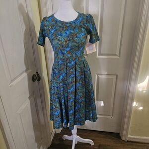 LuLaRoe Teal & Brown Tropical Leaf Print Midi Dress